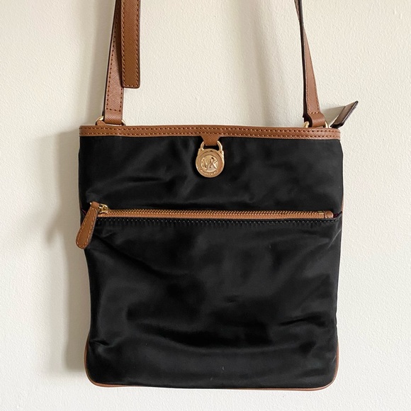 MICHAEL Michael Kors Handbags - Michael Kors Black Nylon Crossbody with Brown Leather Strap